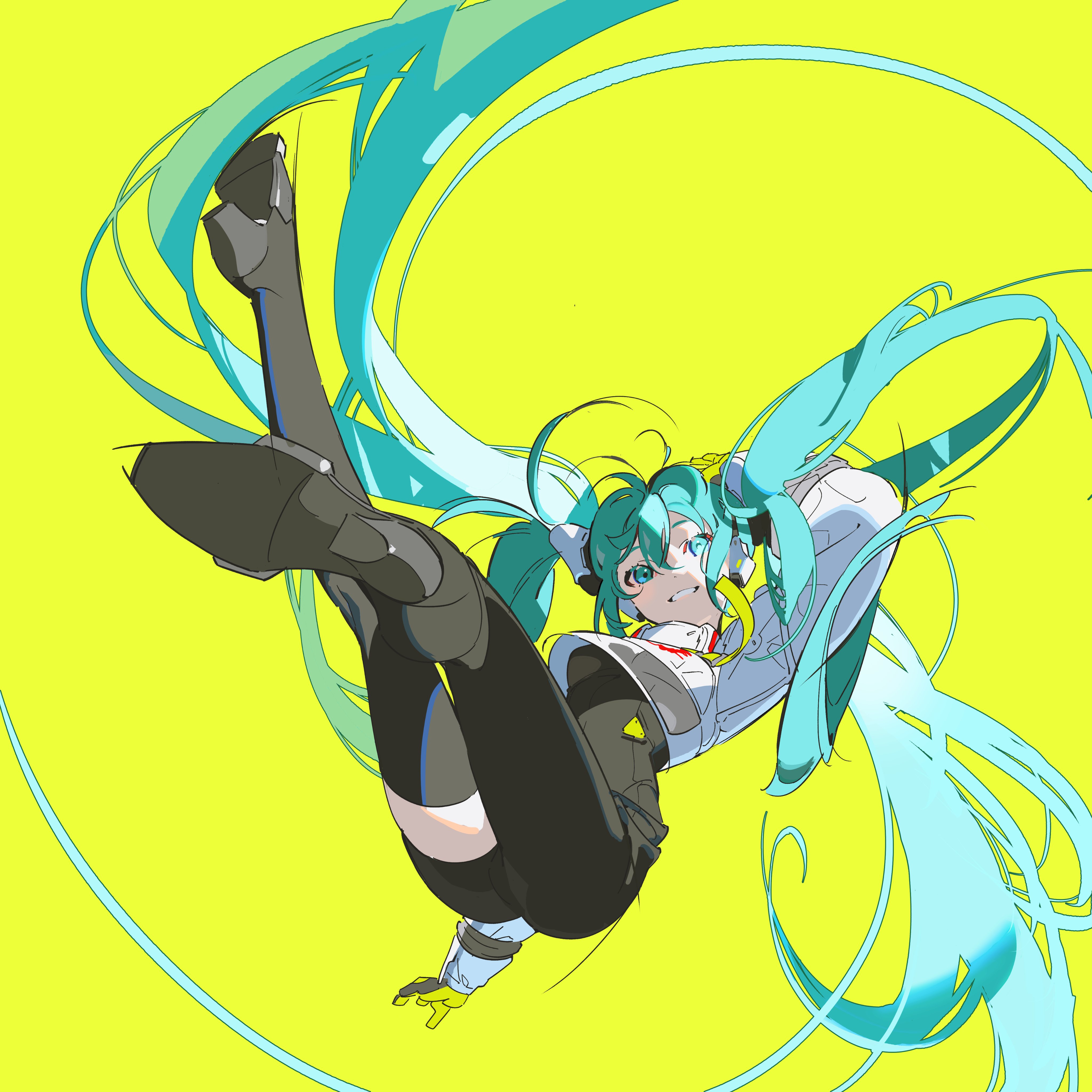 a cartoon drawing of a cute anime girl with long green hair, wearing white shirt, black pants and black boots. the girl is smiling and looking up at the camera. she is surrounded by bright yellow swirls and her hair is flowing in the wind. the background is a bright yellow color.  she is wearing headphones.  the style is digital art and cartoon.