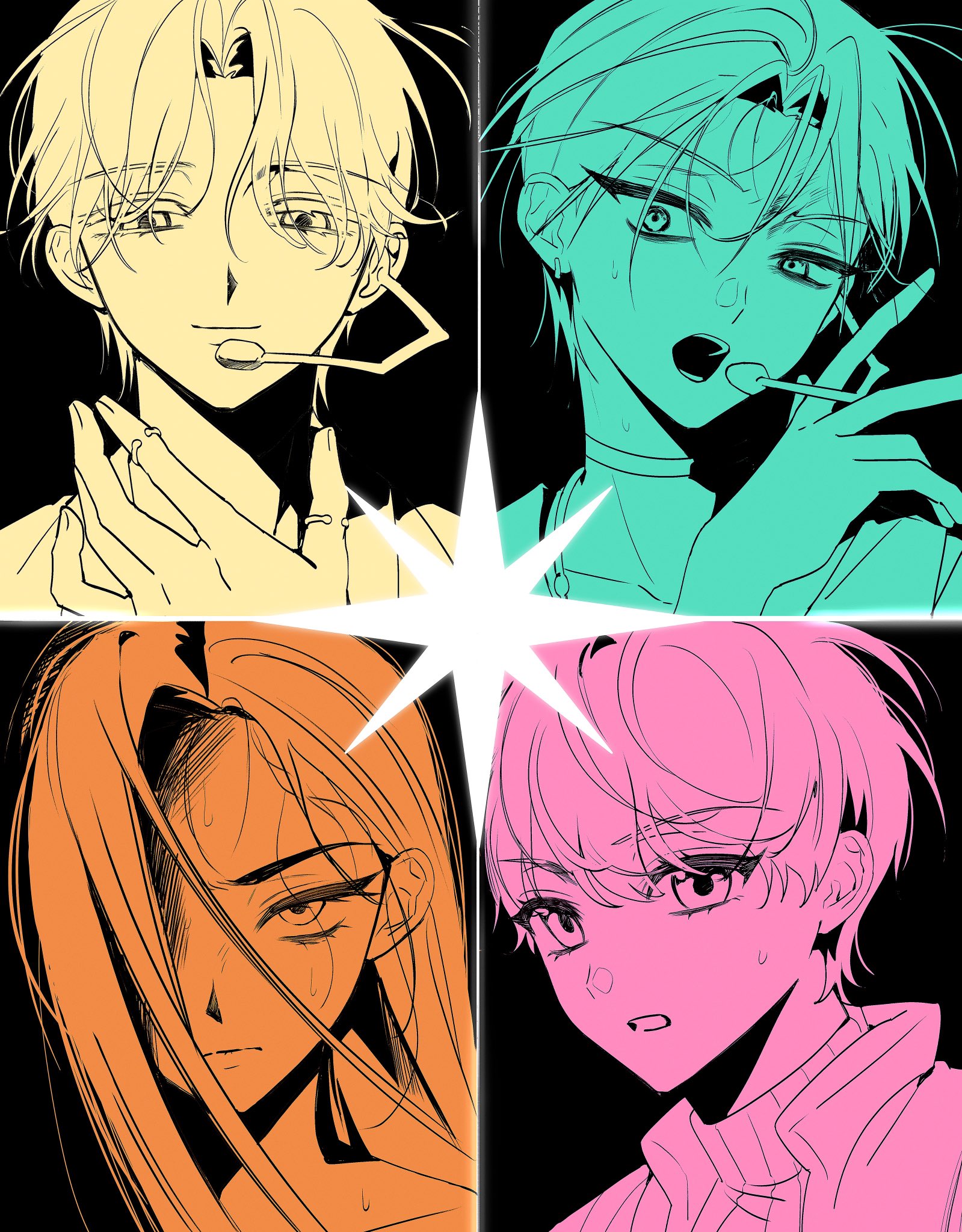 the image is a digital illustration of four anime characters. the top left character is a yellowtoned male with a white background and a concerned expression. the top right character is a tealtoned male with a black background and a shocked expression. the bottom left character is a orangetoned female with a white background and a sad expression. the bottom right character is a pinktoned male with a white background and a concerned expression. they are all drawn in a simple but detailed style with contrasting colors.  they are all facing the viewer with a white star burst between them.