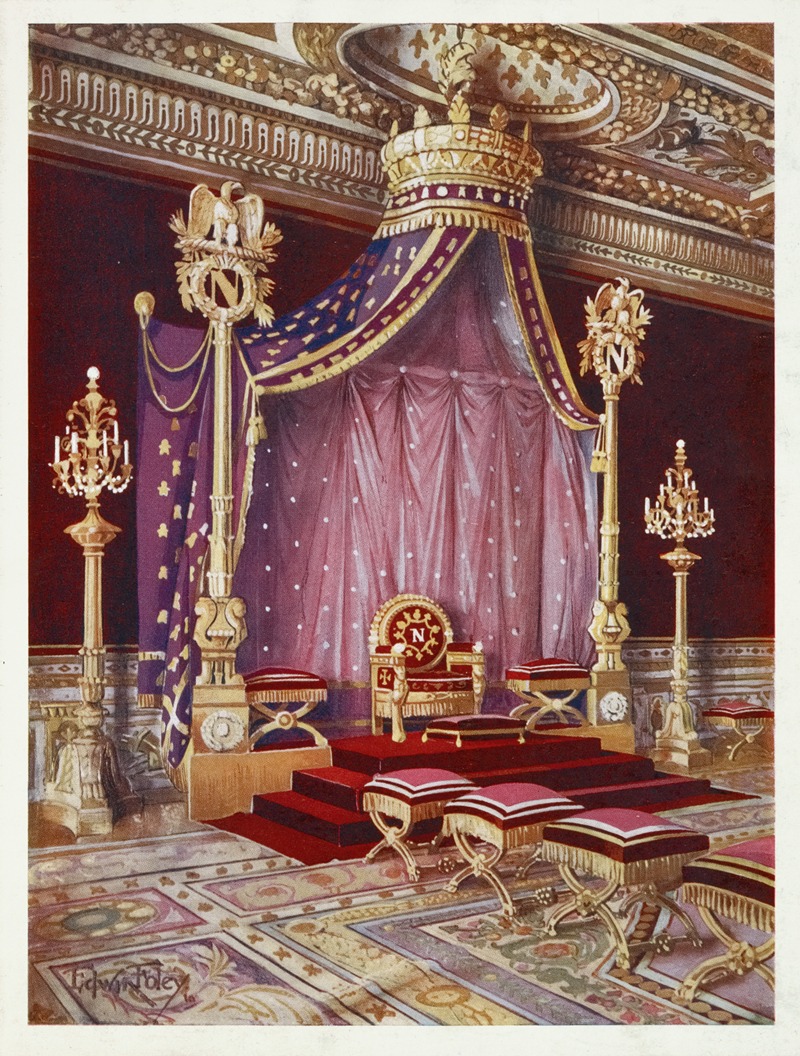 the image depicts a lavish royal throne room. a grand throne is placed on a raised platform with several steps leading up to it. a canopy with a large crown on top covers the throne. gold embellishments and eagles adorn the throne and surrounding structures. chandeliers illuminate the room, and stools are arranged in front of the throne. a ornate rug covers the floor.