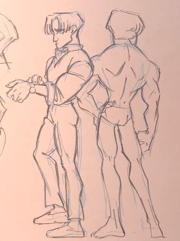 the image is a sketch of a male figure in two poses. the figure is depicted in a stylized, animeinspired art style. the figure on the left is fully clothed in a buttondown shirt, trousers, and shoes and is glancing at his wrist, seemingly checking the time. the figure on the right is a back view of the first, undressed to show his musculature. both figures stand with confidence, suggesting a sense of strength and poise. the line work is fluid and expressive, capturing the dynamism of the human form. the use of light and shadow is minimal, with a focus on line to define form and volume.