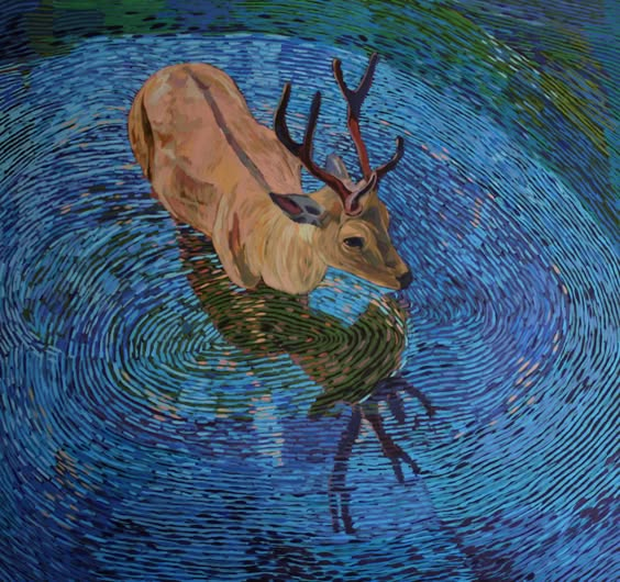 he image is an oil painting of a deer partially submerged in a body of water. the deer is light beige with antlers, and its reflection is visible in the water's surface. the water is depicted with a textured, impasto style, showing concentric ripples emanating from the deer. the overall color palette is dominated by blues and greens. the painting is realistic in its depiction of the animal and its environment, but also uses a painterly style for dramatic effect. the scene is serene and peaceful, evoking a sense of tranquility.