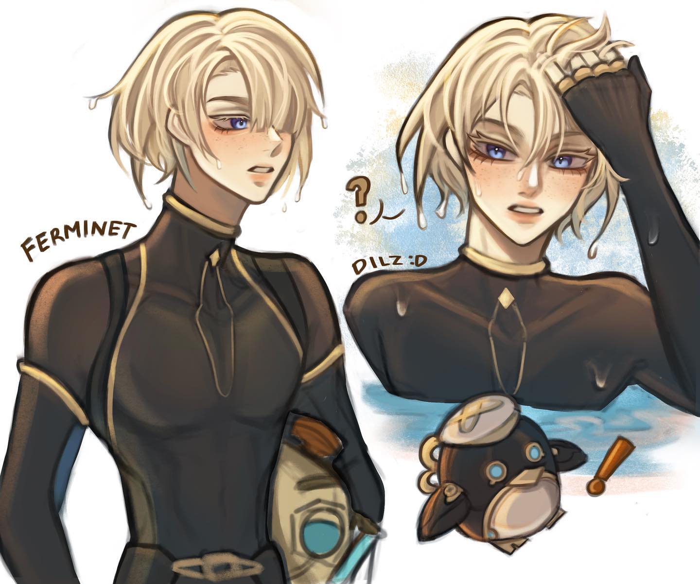 the image contains digital fanart of a male anime character, possibly from a video game or anime, depicted in two different poses.  the character has short blonde hair, blue eyes, and is wearing a black diving suit or similar outfit with gold accents. in the first panel, he appears somewhat tired or surprised, with beads of sweat on his face.  the second panel shows him wiping sweat from his forehead, appearing even more exhausted.  both poses feature sweat droplets to showcase wetness.  a small, cute, penguinlike mechanical creature is drawn below the second panel. the artist's signatures, "ferminet" and "dilz:d," are visible on the image. the overall style is soft and expressive, featuring a blend of realism and anime stylistic elements.