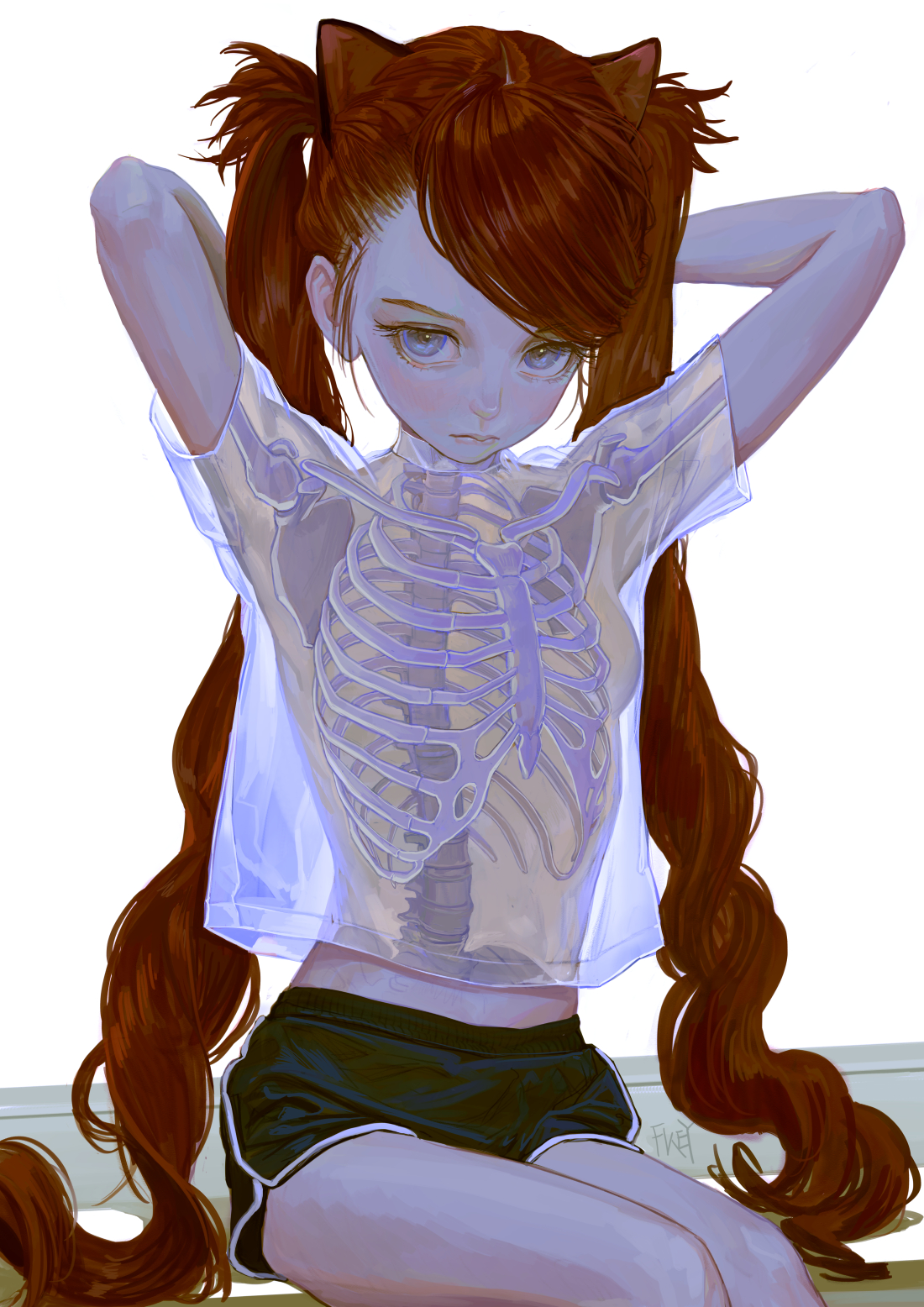 an anime girl with red hair in pigtails wearing a translucent tshirt with a skeleton printed on it is sitting down. she has cat ears and is wearing black shorts.