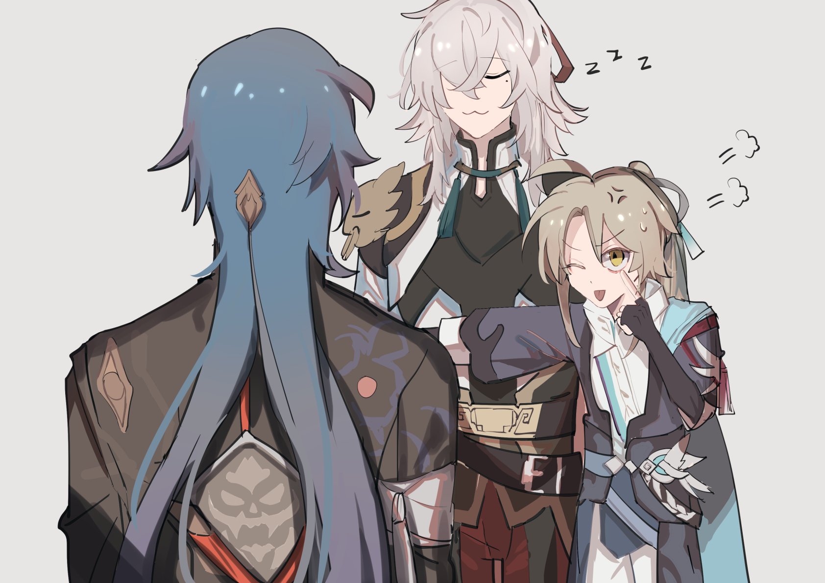 this is a digital art illustration of three characters from the popular video game genshin impact. the characters are in a playful, whimsical setting.  in the center stands albedo, a tall character with long white hair and a black and white outfit. on his left is a character with blue hair named tartaglia, he appears to be asleep. on his right is a shorter male character with blonde hair named klee, he appears to be a bit excited, holding up his finger as if pointing out something funny.  the illustration shows a moment of playful interaction between the characters, with the focus on the characters' expressions and personalities.