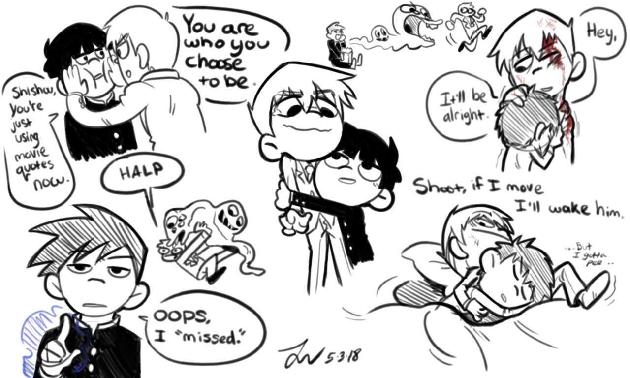 the image is a black and white sketch page featuring multiple panels of stylized characters, likely from an anime or manga.  the characters are drawn in a dynamic, expressive style with exaggerated features. the dialogue suggests close relationships between the characters, with themes of comfort, humor, and lighthearted banter despite one character appearing injured. one panel features a character saying, "you are who you choose to be," suggesting an underlying message of resilience or personal growth. the overall tone is humorous and heartwarming, emphasizing the bonds between the characters.
