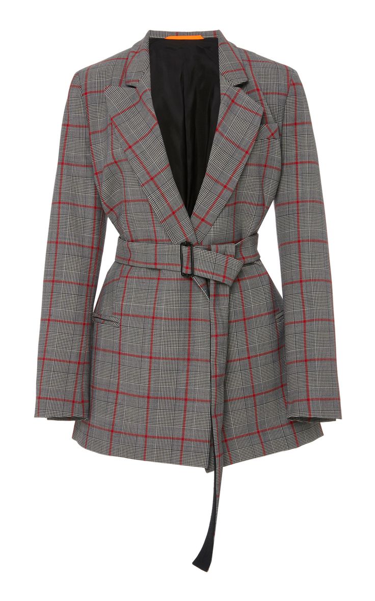 a blazer with a plaid pattern and a belt that is on a white background.