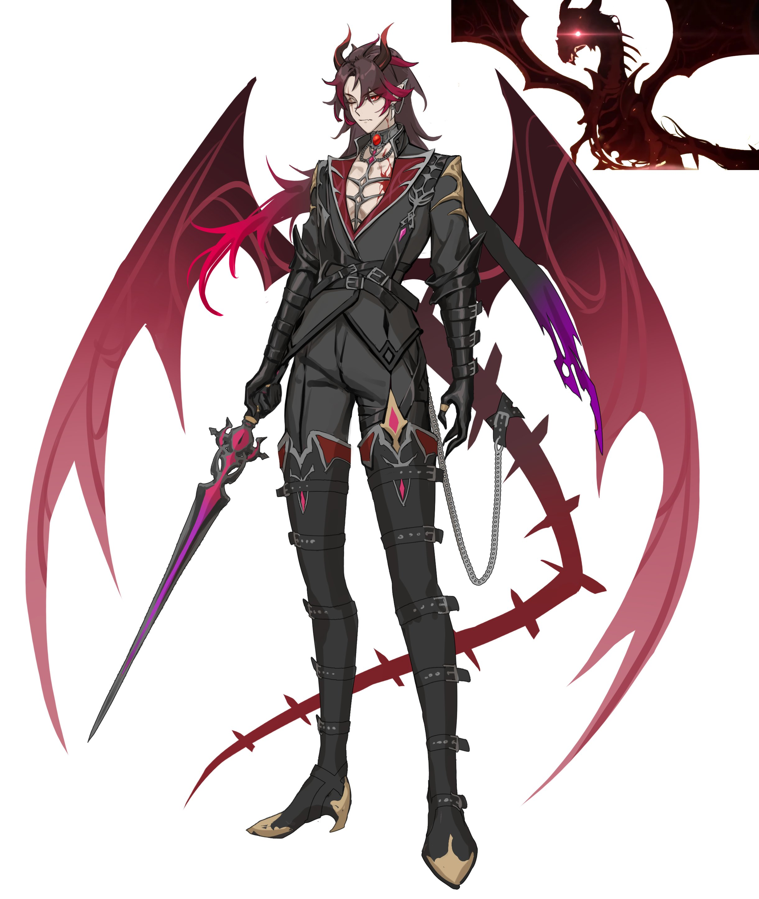 a male demon character stands facing forward against a white background. he has black horns, long dark red hair, and large redandpurple wings. he is wearing a black and dark red outfit with intricate details, including harnesses, belts, and a long coat. he holds a pointed sword in his right hand. his expression is serious. the overall aesthetic is dark fantasy.  a small image of a dragon is partially visible in the top right corner.
