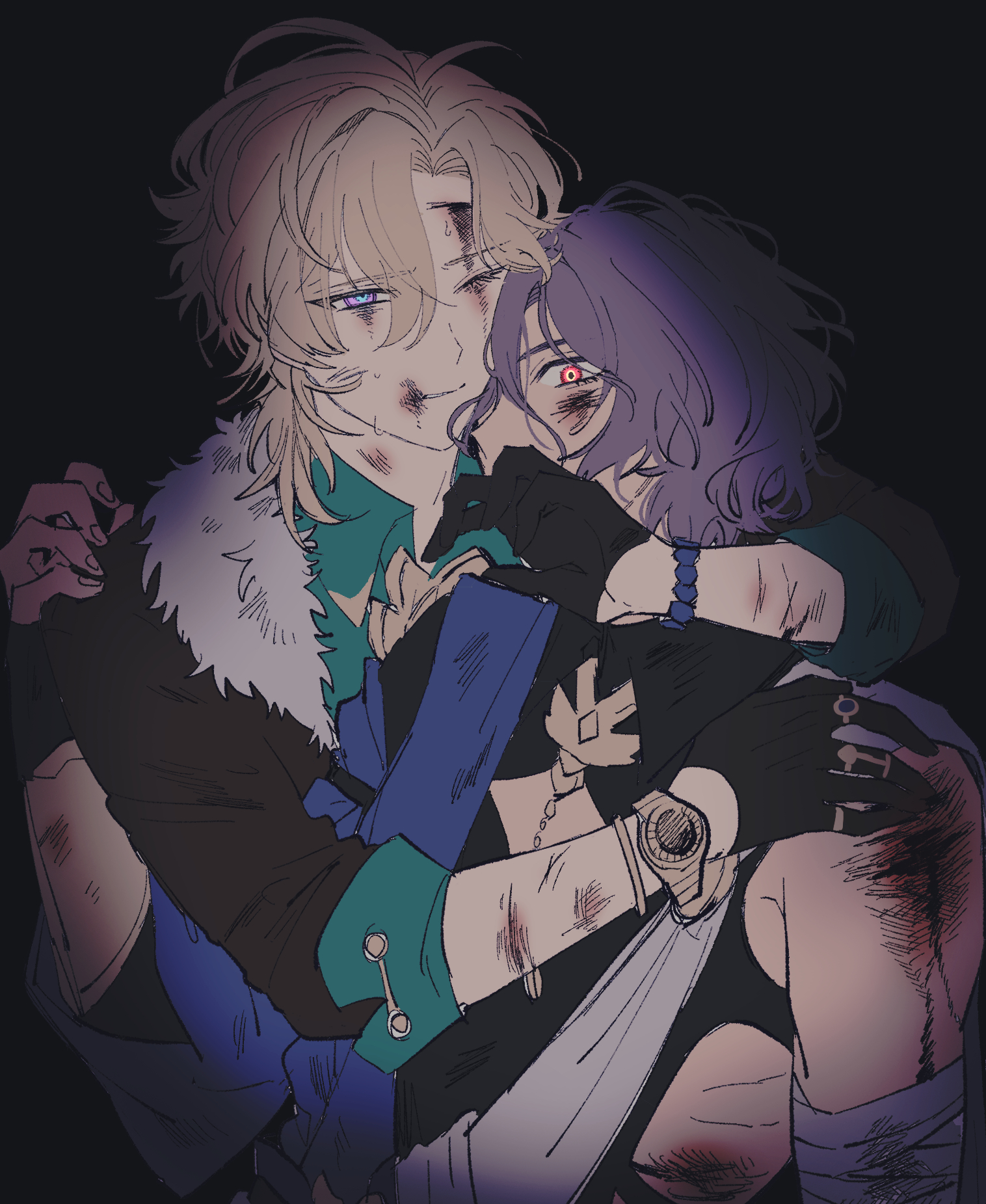 the image is a piece of fanart depicting two animestyle boys embracing each other.  the boy with blonde hair has his arms around the boy with purple hair, who is leaning into him. both boys appear injured, with visible scratches and wounds on their arms and faces.  the overall atmosphere is dark and emotional, suggesting a close bond between the two characters. the style is reminiscent of manga or anime art.