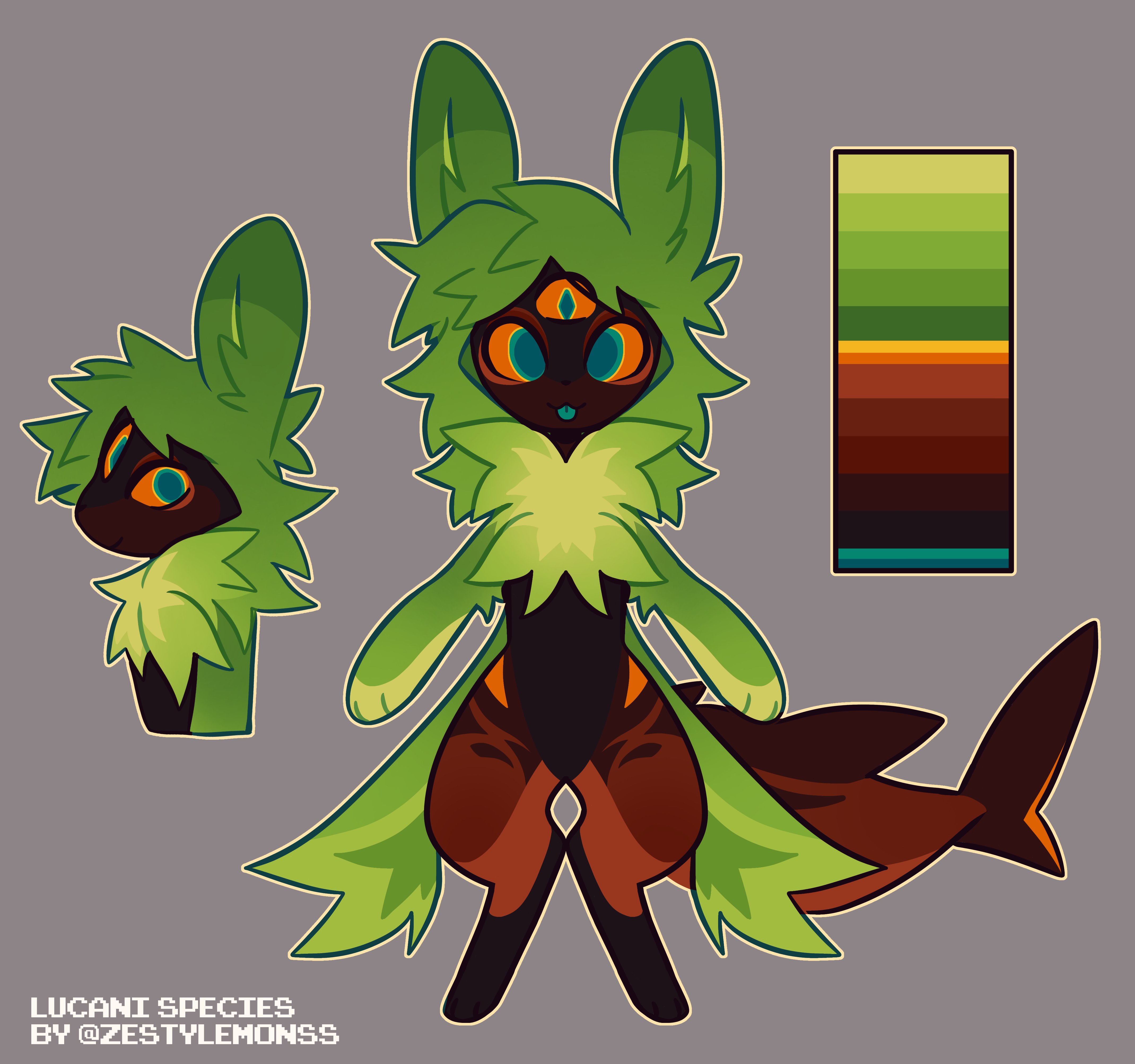 a cute furry creature is shown. it has large green ears, a green head with a yellow accent, 3 eyes that are yellow and orange. the creature's body is brown, with orange accents and a shark tail that is the same color. it is standing on a gray background, and it is looking to the right. the creature's design is based on a shark, and it has a cute and playful expression. there is a color palette to the right of the creature, showing the colors used in its design. the text below the creature states "lucani species by @zestylemonss".