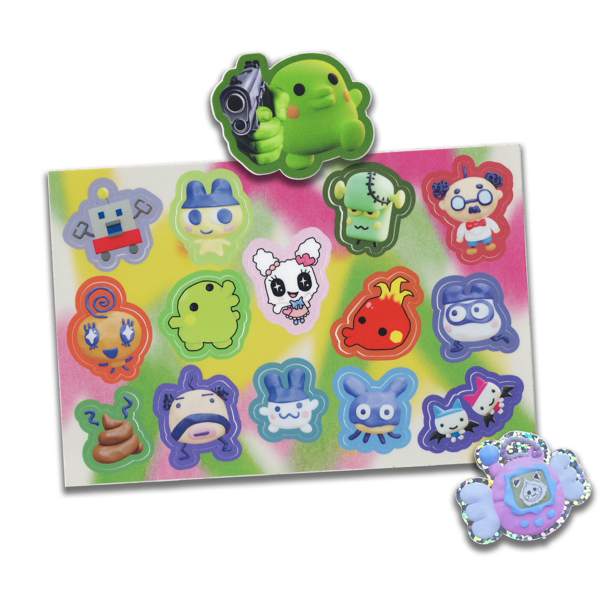 a collection of tamagotchi character stickers. the stickers feature different tamagotchi characters from the popular virtual pet franchise. there are a variety of characters, each with its own unique design. the stickers are all on a bright pink and blue background. there is also a separate holographic sticker of a tamagotchi toy.