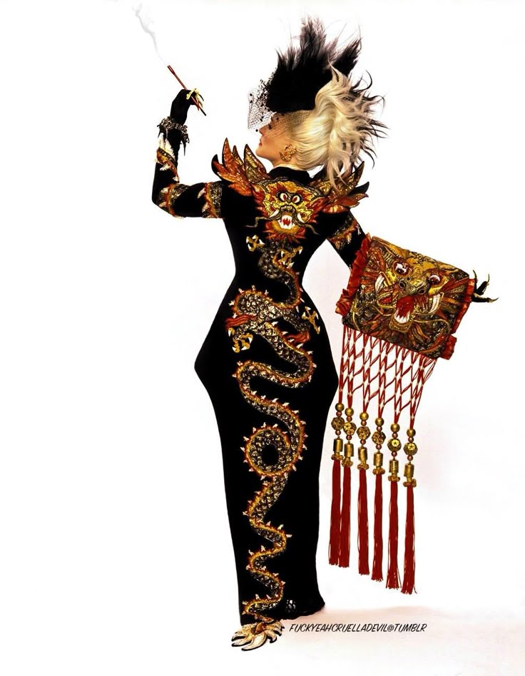 an image features a character dressed as cruella de vil, wearing a long black dress embellished with a golden dragon design. the dress has pointed shoulder accents resembling dragon wings, and the dragon motif continues down the length of the dress. she holds a matching orientalthemed pouch with red tassels. cruella sports her signature black and white hair, styled with a tall feather headdress, and holds a cigarette holder in her gloved hand. her dress and accessories give the impression of a highfashion costume with a blend of cruella's iconic style and asian influences.