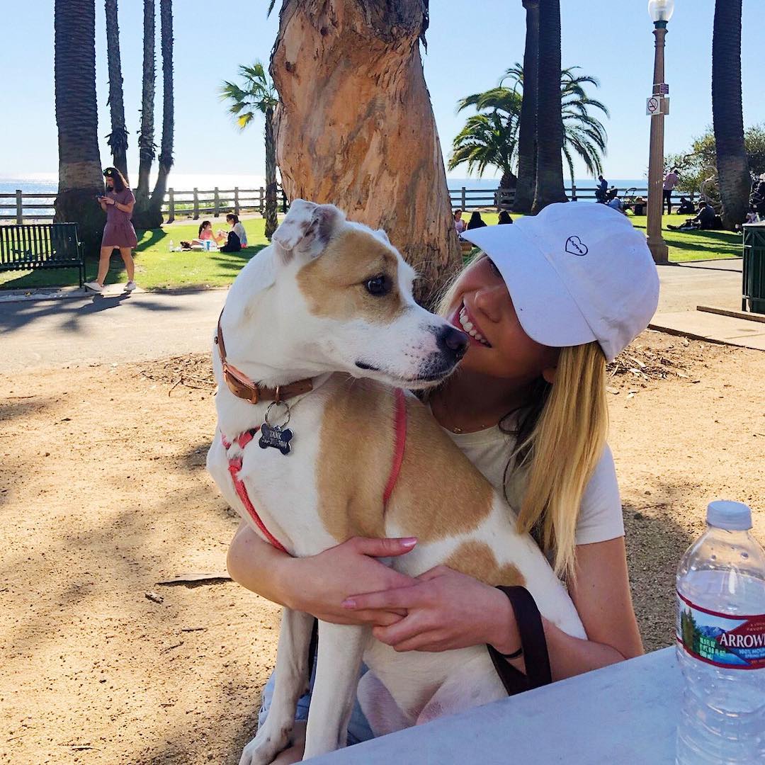 a young woman with blonde hair wearing a white baseball cap with a small embroidered heart is happily hugging and cuddling a mediumsized, tan and white dog. they are sitting at a picnic table outdoors in a park near the beach, with palm trees and ocean visible in the background. the atmosphere is sunny and bright. a water bottle is on the table beside them.  other people are visible in the distance but out of focus.