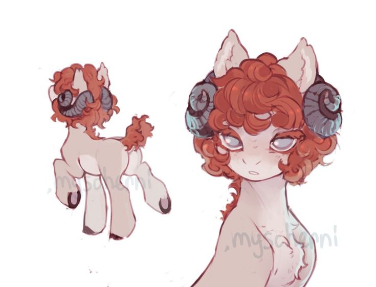 the image showcases a digital drawing of a charming ram or sheeplike pony character.  two views are presented: a fullbody view showing the pony from the side and a closeup headshot. the pony is characterized by its fluffy, curly reddishorange hair, small horns resembling ram horns, and a pale, creamy body. the art style is soft, pasteltoned, and features a slightly whimsical and cute aesthetic, typical of character design seen in online adopts or original character creation. the artist's signature or watermark is subtly visible in the lower right corner of the headshot.