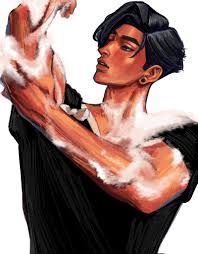a digital illustration of a young man with tan skin and dark hair. he is shirtless, wearing a black garment that drapes over his shoulders, and appears to be caught midmotion with his arms raised. there's a white, almost ethereal substance clinging to his arms, resembling foam or smoke. the lighting is dramatic, highlighting his muscular physique and creating a sense of movement.