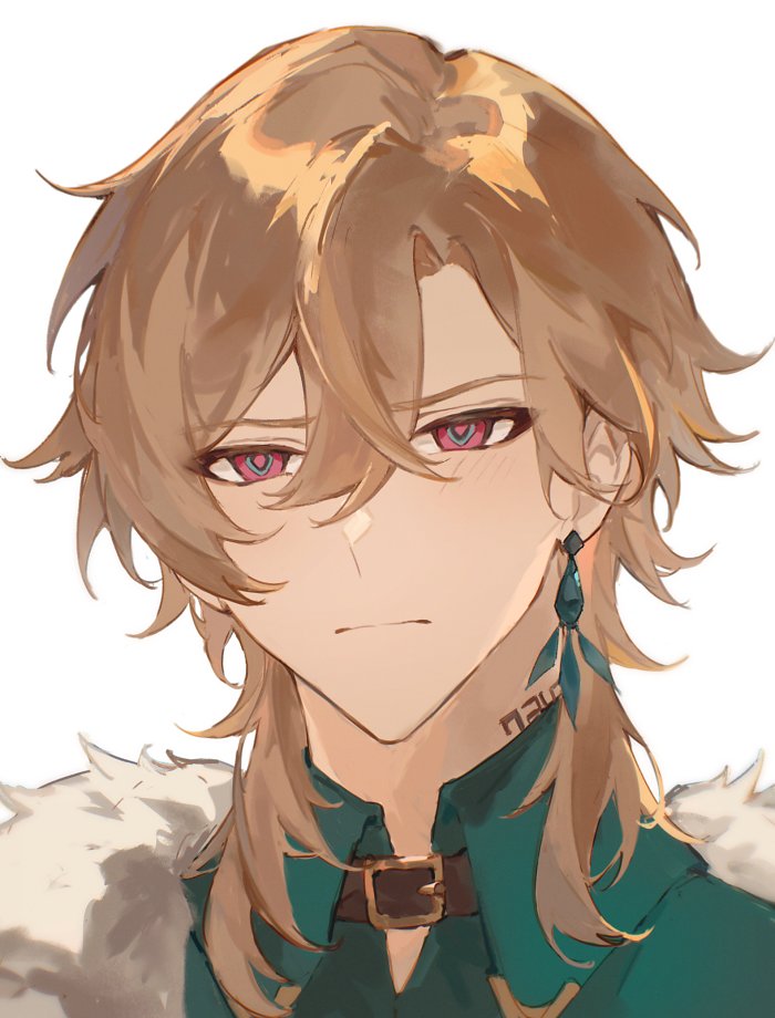 a closeup portrait of a handsome anime character with long blonde hair, green eyes, and a serious expression. he is wearing a green shirt with a white fur collar, an earring, and a necklace.