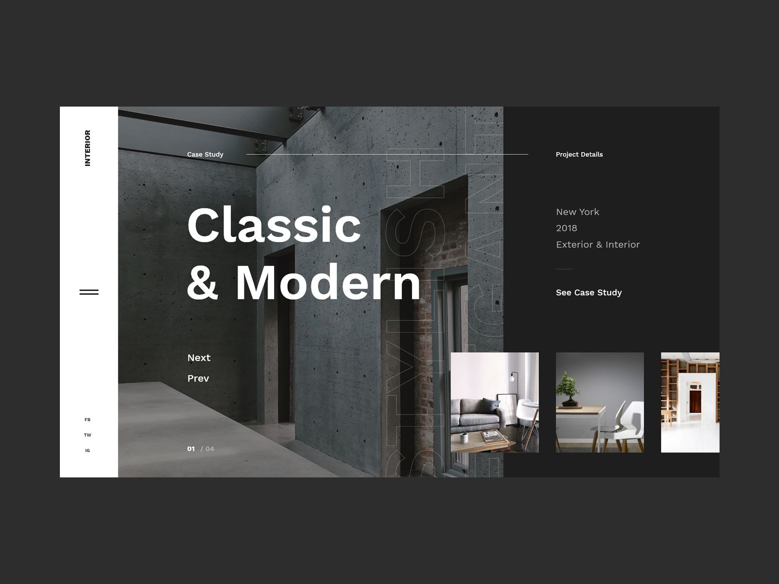 this is a website page showing the interior design of a modern and minimalist space. the page features an image of a concrete room with large windows and a sleek and contemporary style. the page also includes the project details such as the location (new york), year (2018), and a button to see the full case study.  the page is designed in a clean and simple style, with a focus on the image of the interior design.