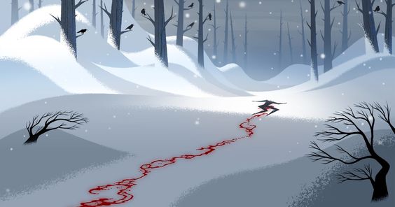 a snowy forest scene with a trail of blood in the snow. the trail starts near the middle of the image and leads towards the viewer. a dark silhouette of a person lies at the start of the trail, suggesting they are injured or dead. the forest is depicted in muted tones of gray and blue, with bare trees and a light snowfall. the only source of bright color is the blood trail.  the overall atmosphere is eerie and suspenseful.