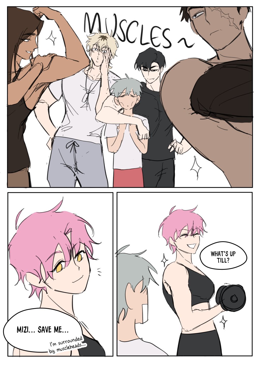this is a comic strip. in the first panel, four muscular men surround a shorter, skinny man with pink hair who is clearly uncomfortable. in the second panel, the skinny man asks for help from another skinny man.  the second panel shows the skinny man getting ignored as a muscular woman works out with dumbbells. this comic is funny and has a theme of selfconfidence.