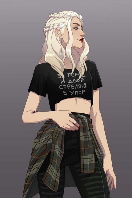 the image is a digital illustration of a young woman with long, blonde braided hair. she is styled in a modern, grungeinspired outfit: a black crop top with cyrillic text, black leggings with distressed details, and a plaid shirt tied around her waist.  her expression is confident, and she has red lipstick. the art style is reminiscent of anime or manga, with clean lines and stylized features.  the background is a simple, neutral grey. the overall feel is trendy and slightly edgy.