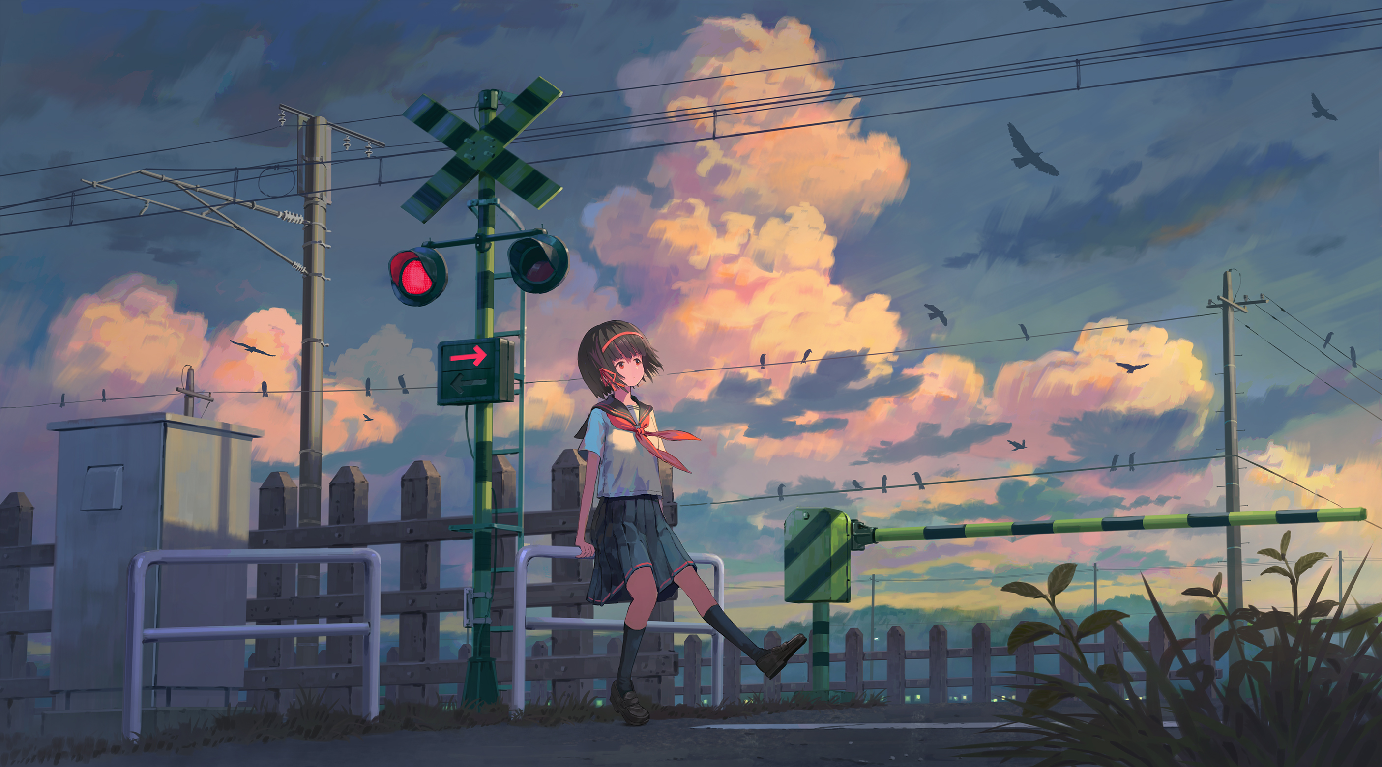 the illustration depicts an anime schoolgirl in a pleated skirt and collared shirt with a red neckerchief. she is walking across a railway crossing as the gate is down, but the red light appears to be on.  the scene is set in a tranquil rural area of japan. the background features a beautiful sunset sky filled with fluffy clouds and several birds in flight. power lines and utility poles run across the scene, and a wooden fence borders the area. the overall mood is peaceful and serene, evoking a feeling of quiet contemplation. the style is digital painting, with a focus on atmospheric perspective and soft lighting effects.