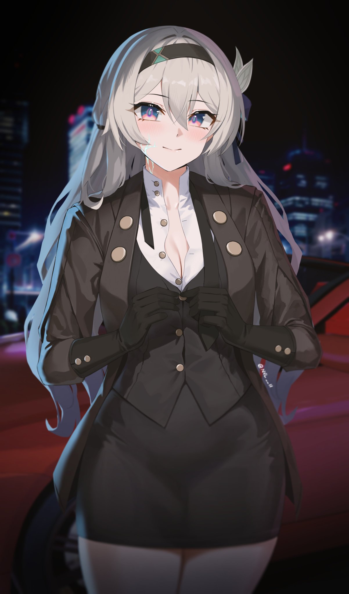 an anime girl with long silver hair and purple eyes is standing in front of a red car in a city at night. she is wearing a black suit jacket, a white shirt, and a black skirt. she is smiling confidently and looking at the camera. the background is a city skyline with a red car in the foreground. the image is styled with a fashion and elegant aesthetic.