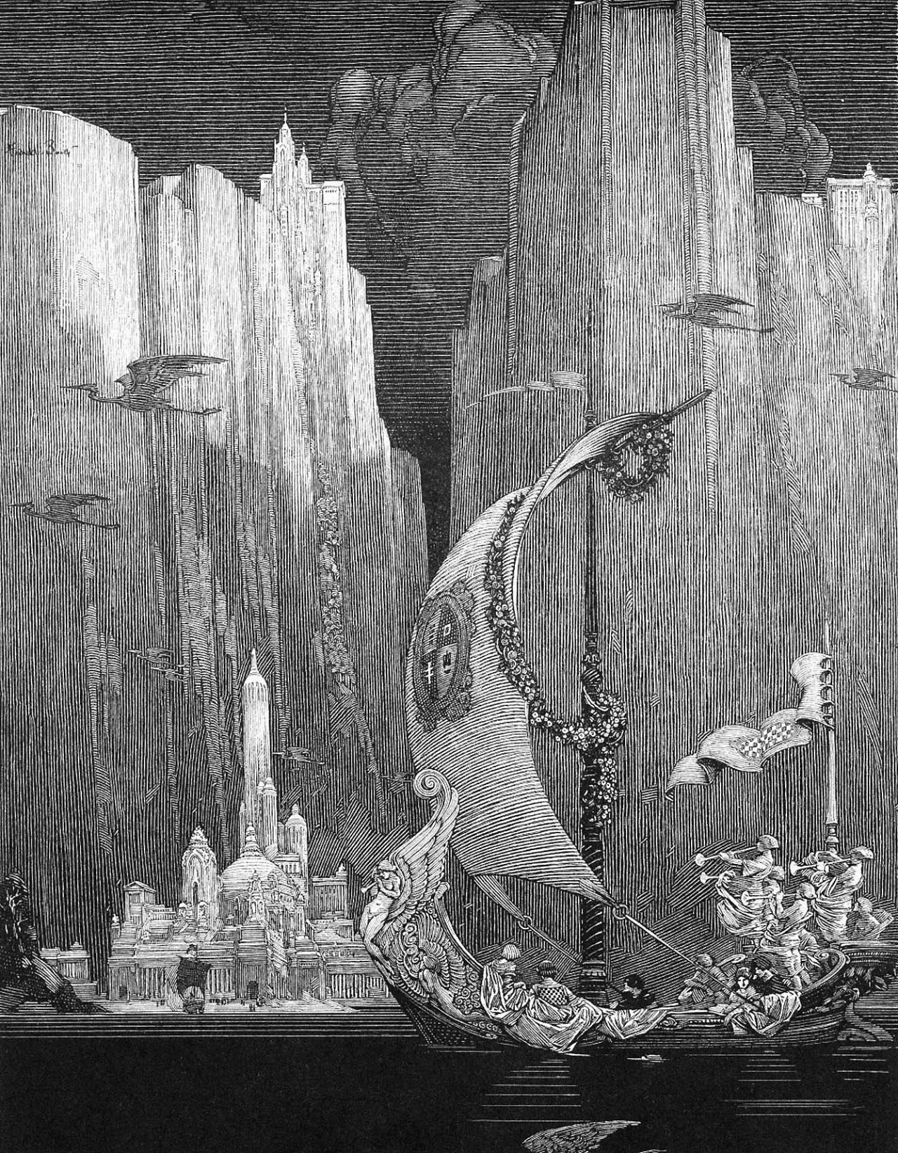 the image depicts a large, ornate ship sailing between towering cliffs toward a majestic city. dragons soar in the cloudy sky above. the scene is rendered in a highly detailed and dramatic style, with strong contrasts of light and shadow. the ship is adorned with garlands and flags, suggesting a celebratory or ceremonial voyage. the city in the distance features grand architecture, hinting at a prosperous and perhaps magical civilization. the overall atmosphere is one of adventure, wonder, and the unknown.