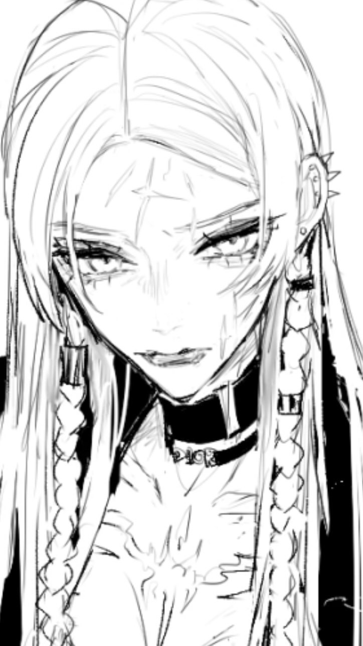 a black and white sketch of a stylized anime or manga girl. she has long, braided hair, piercings, and a choker. her expression is intense and she appears to have some scars on her face. the style is dark and edgy. the drawing is detailed and shows a great deal of skill.