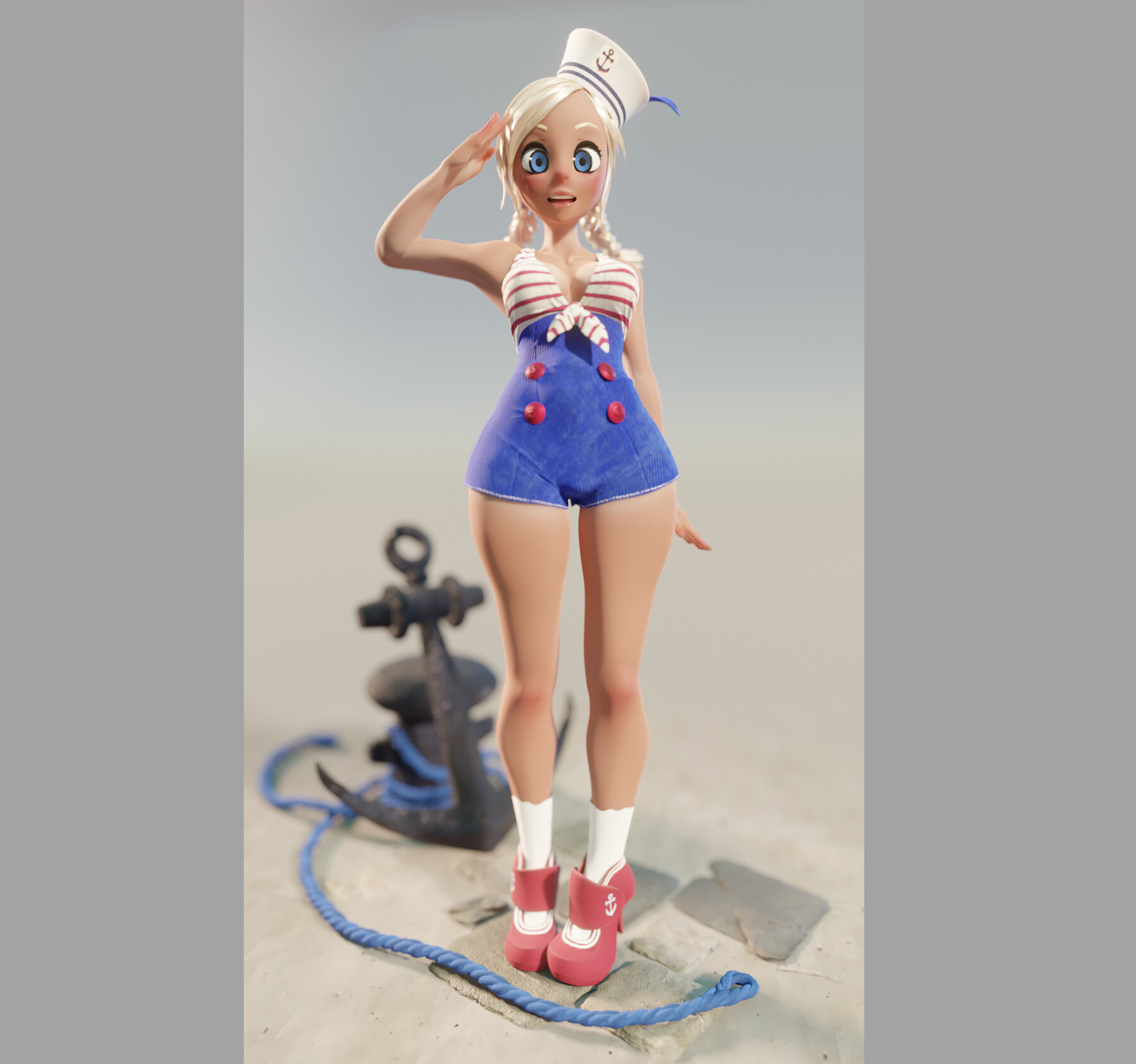 a 3d rendered anime girl is standing on a beach. she is wearing a sailor outfit with white shorts, a blue top, and a white hat with red accents. the girl is wearing red shoes with a white anchor symbol. she is smiling and holding a rope. there is an anchor behind her. the beach is sandy and white.