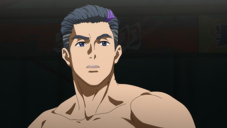a closeup of an adult, muscular, anime man with short, dark hair with a streak of purple in it, looking concerned about something out of frame. he is lit from above, and the background is blurry.