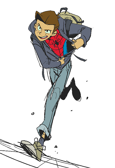 this is a sketch of a young man, presumably spiderman. he is running at a fast speed, with a backpack on his back. he is wearing his red and blue spiderman costume. he is caught in midstep as he takes a leap forward with his left leg extended forward and his right foot raised. his facial expression is concentrated, as if he is on the move and needs to focus on where he is going. the drawing style is rough and energetic, using a lot of lines and texture.
