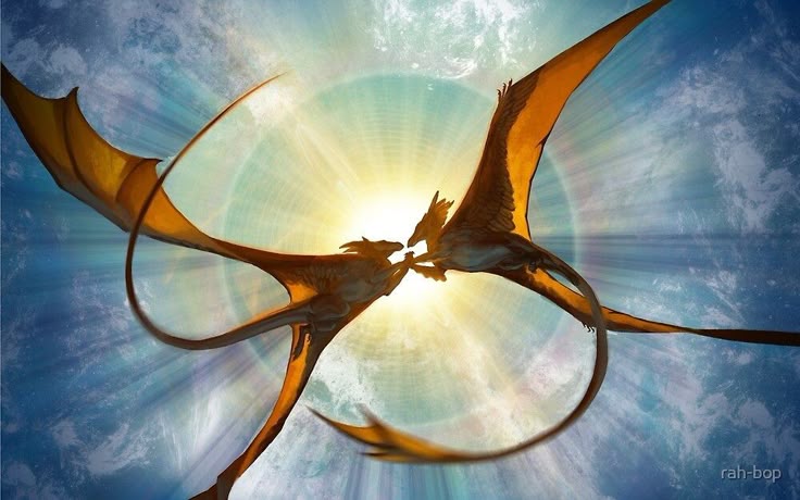 two dragons are flying towards each other in the sky, seemingly embracing in front of a bright light resembling the sun. the dragons have yellow wings and long tails that curl around each other. the background is a mix of blue and white, suggesting a sky or celestial setting. the image appears to be a fantasy artwork.