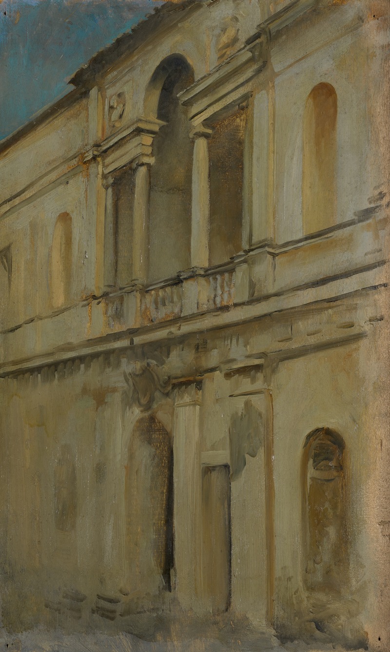 the image is a painting of a classical building facade with columns, arches, and an arcade. the painting style is impressionistic with visible brushstrokes and a focus on light and shadow. the building appears to be made of stone and has a weathered look. the color palette is muted, with various shades of beige, gray, and blue.