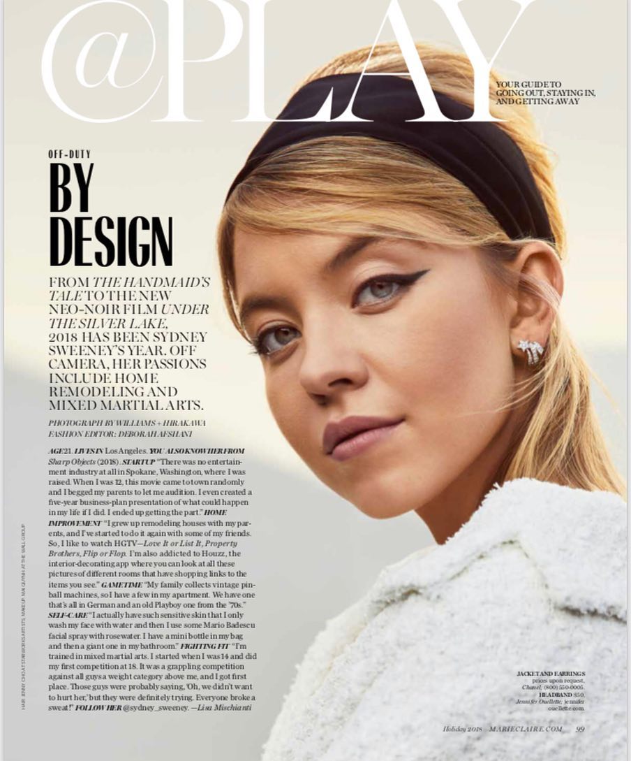 the image is a closeup portrait of actress sydney sweeney gracing the cover of play magazine.  she is styled with a black headband and a lightcolored, textured jacket. the background is slightly blurred, drawing focus to sweeney's face. the cover features the title "play" prominently, along with a subheading "your guide to going out, staying in, and getting away." a sidebar includes a teaser of the accompanying interview, highlighting sweeney's passion for home renovation and mixed martial arts, and referencing her roles in sharp objects and the handmaid's tale.  the overall aesthetic is stylish and sophisticated, reflecting a highfashion magazine spread.
