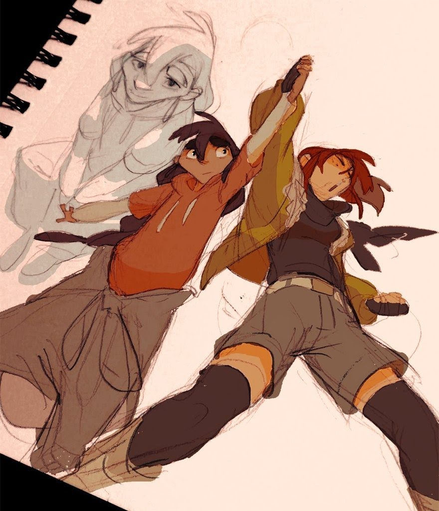 a digital drawing of three anime characters, two of them are female, running in a jump. one girl has short red hair and is in a black and yellow jacket. the other girl has short blue hair with red sweater and is running behind the red hair girl. the other character is a white shadowy figure in the background.
