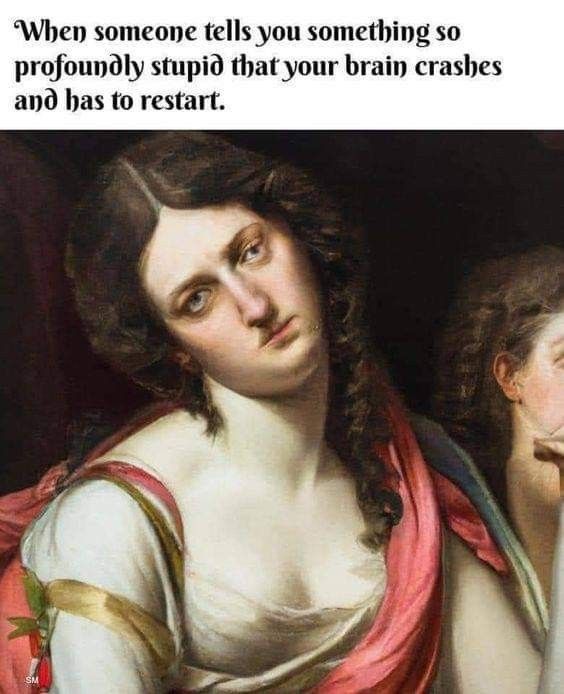 the image is a meme featuring a classical art painting of a woman with a bored expression. the text above the image reads, "when someone tells you something so profoundly stupid that your brain crashes and has to restart."