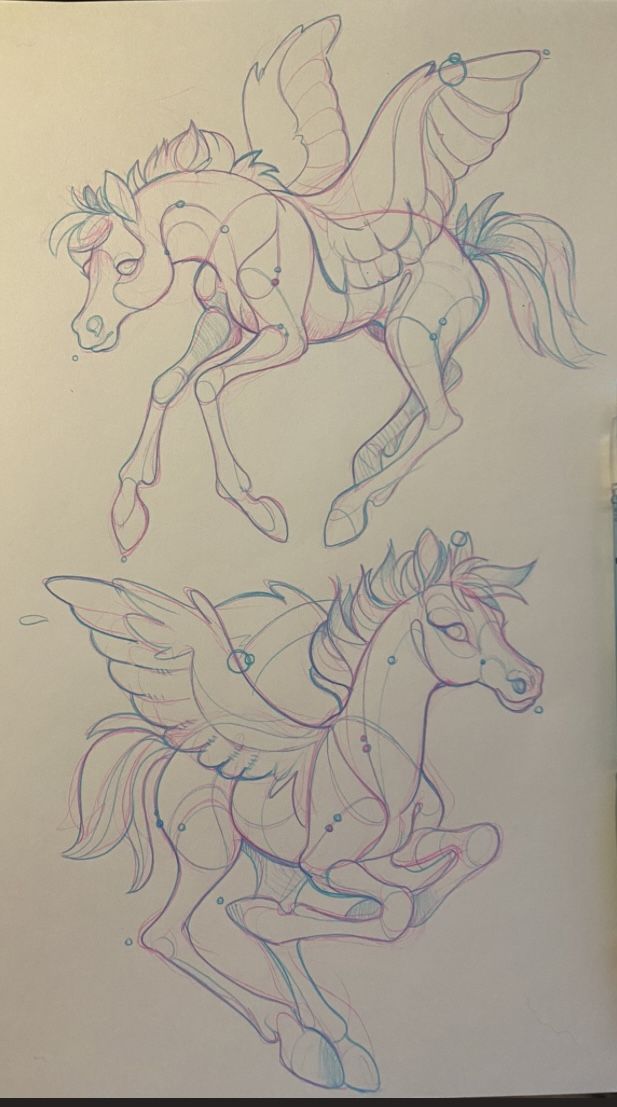 a drawing depicting three different poses of a pegasus drawn with colored pencils. the top pegasus is rearing back with its wings spread. the bottom two are drawn in similar running poses.