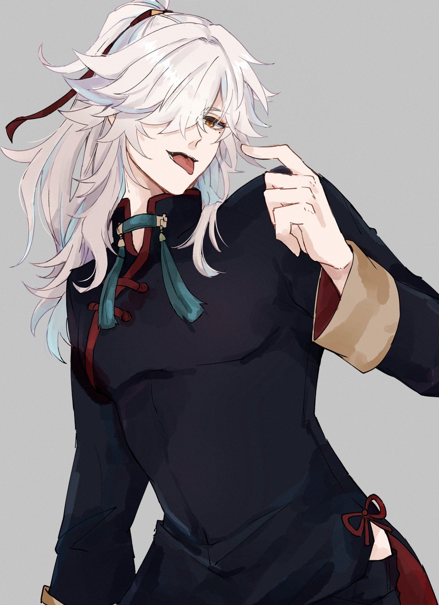 a digital drawing of a man with long white hair styled in a ponytail. he's wearing a black shirt with red and gold trim, with a teal ribbon tied around his neck. the man's tongue is sticking out as he smiles, and he has blue eyes. the background is a solid gray.