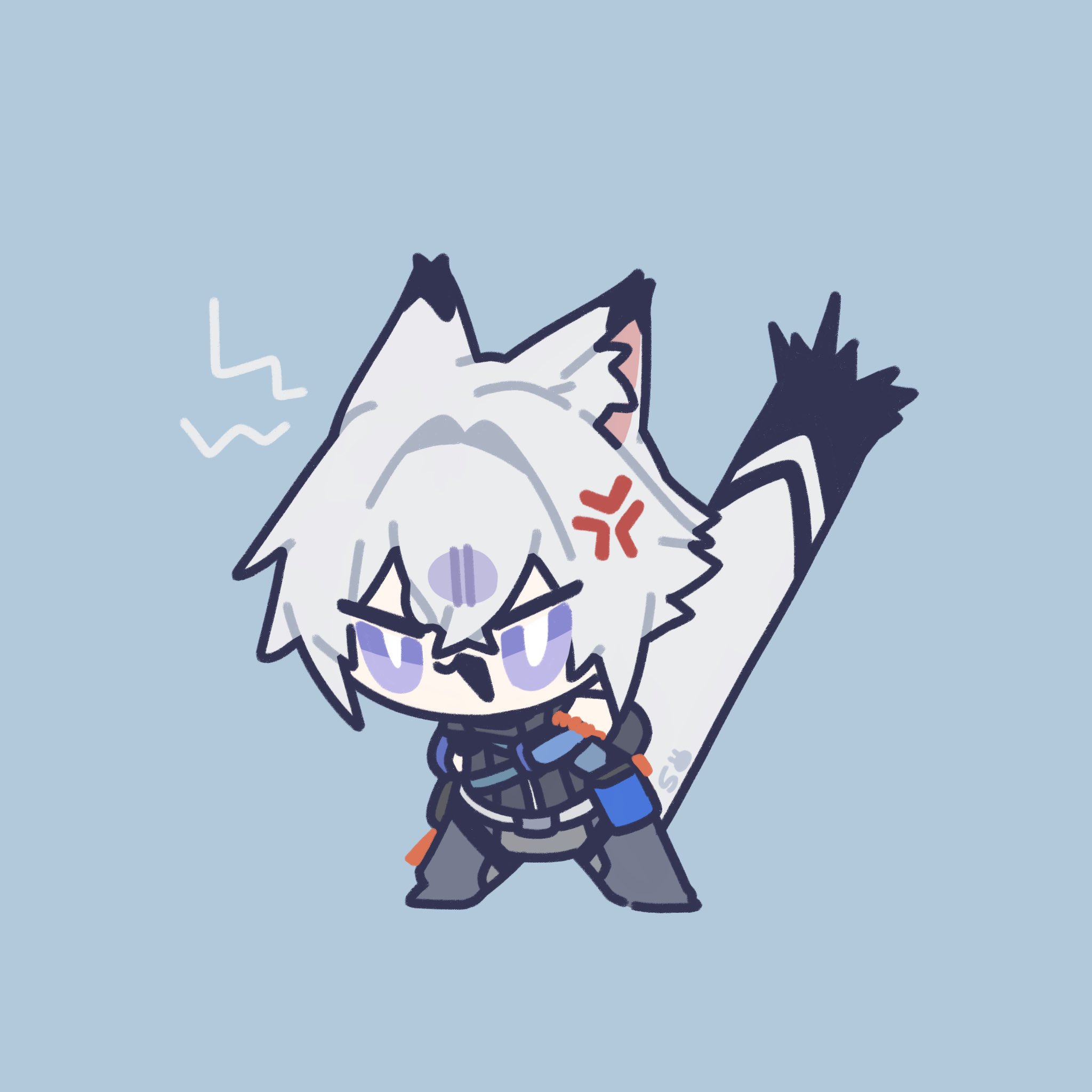 the image is a digital drawing of a chibistyle anime character. the character has white hair, fox ears, and a foxlike tail. they are wearing a dark blue and gray outfit, and their expression is angry or upset. the overall style is cute and adorable, but the angry expression adds a touch of contrast. the background is a light blue.  the art style suggests it may be fanart of a character from a video game or anime.