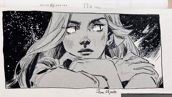 a black and white drawing of a woman with long hair and a thoughtful expression looking at a starry night sky. the drawing is done in a comic book style and the woman is drawn in a close up, with her arms crossed and her eyes closed.  the drawing is signed "jan 28, 2022".