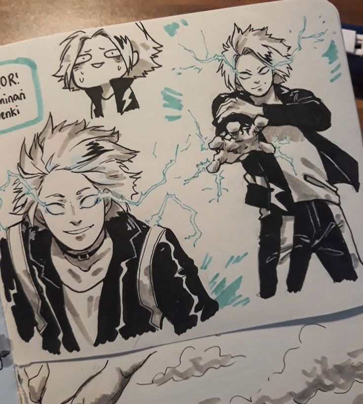 the image is a collection of fan art sketches featuring denki kaminari from my hero academia.  multiple drawings of denki are present, showcasing variations in his expression and pose. one sketch depicts him in a chibi style, while others show him using his electricity powers. the style is primarily black and white ink with light blue accents representing lightning. the drawings are done on a sketchbook page, and there's a small handwritten note in the upper left corner that appears to be related to the character.  a portion of another drawing is visible at the bottom, likely on another page of the sketchbook. the overall style is dynamic and expressive, typical of fan art.