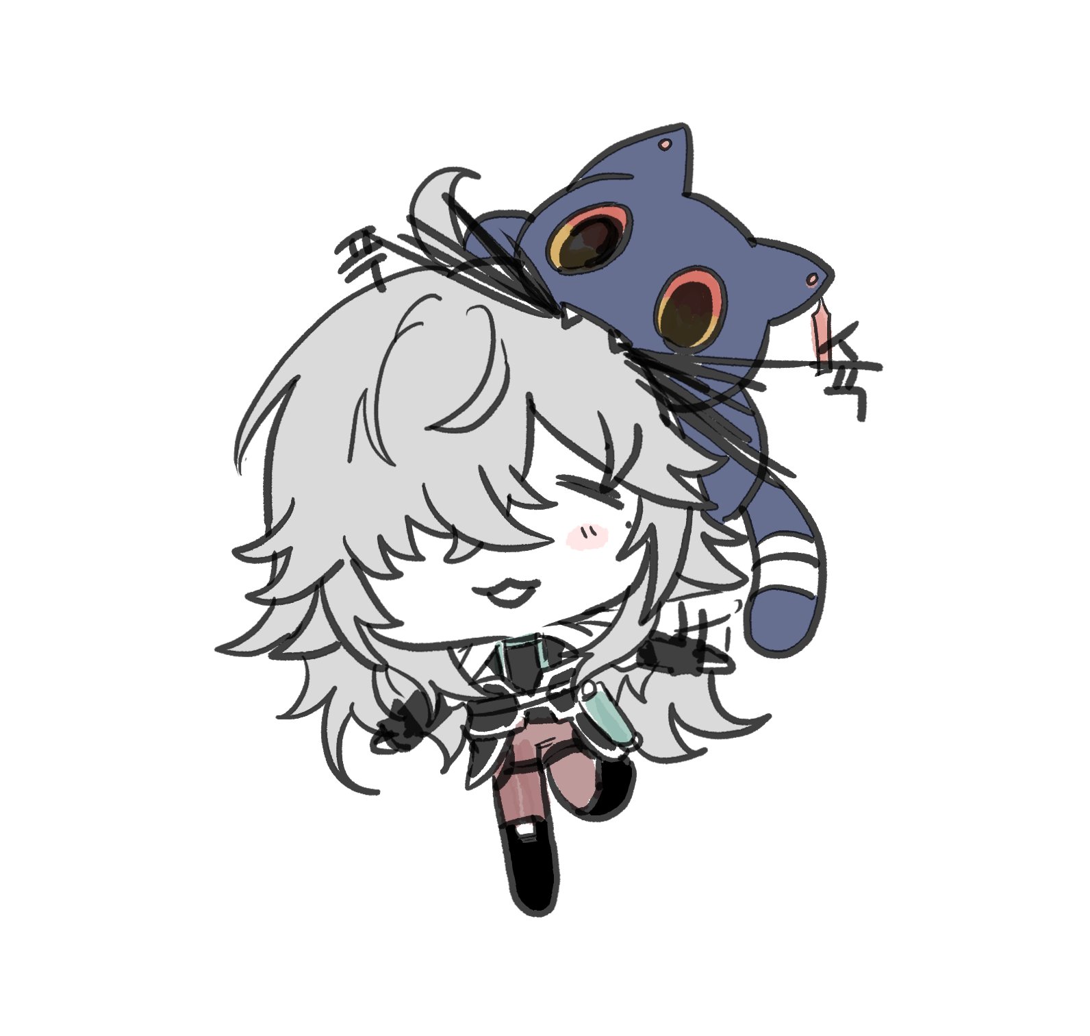 a digital drawing of a cute anime girl with a cat on her head. the girl has long white hair and is wearing a black jacket and red pants. the cat is blue with a white stripe and a red collar. the background is white. the drawing is in a chibi style, making the characters look small and cute. the girl is smiling and looks happy.