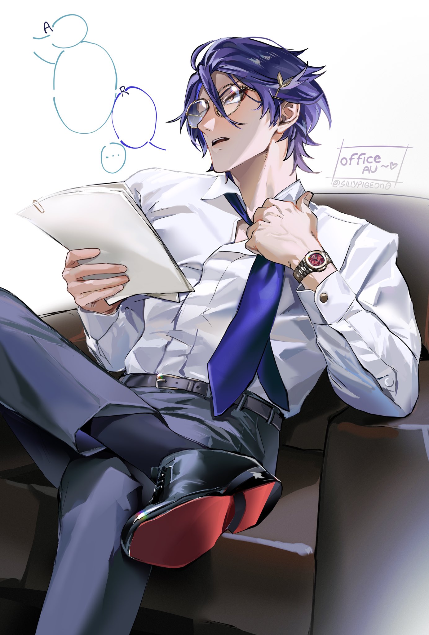 an illustration of a man with purple hair sitting on a lounge chair. he is wearing glasses, a watch, a white dress shirt, a blue tie, grey pants, and black shoes with red soles. he is holding a document in his left hand and has his right hand up near his tie. there are some speech bubbles in the upper left corner.