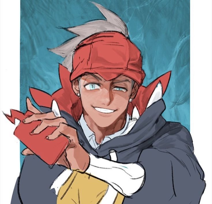 the image shows an animestyle illustration of clay from pokemon, wearing a red hat and red and white collar, with a dark grey hoodie. he has dark skin, blue eyes, and grey hair. he is smiling and holding a red card in his hand. the background is a soft blue color.