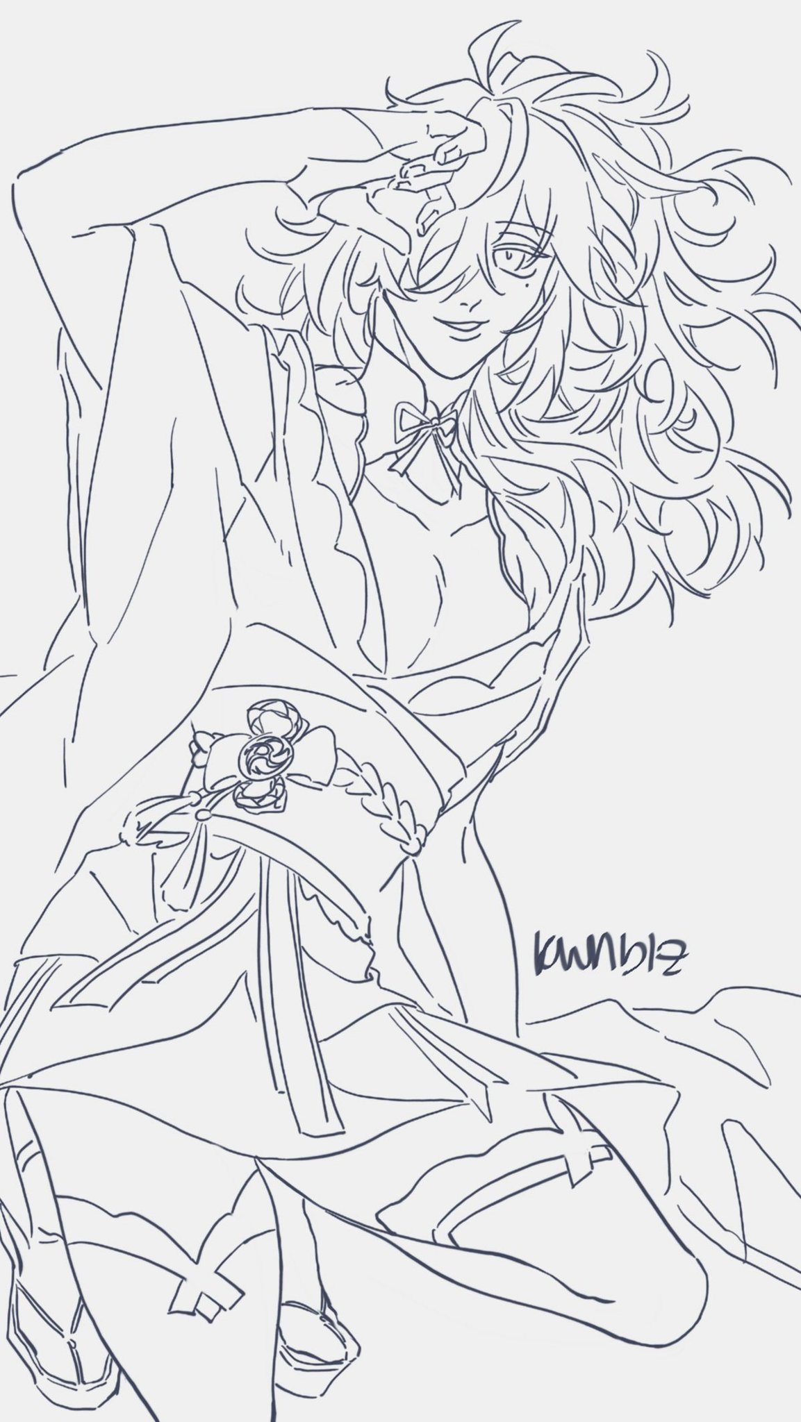 a line art drawing of a young anime girl with long flowing hair wearing a kimono and looking down with a relaxed expression.  she is sitting with her knees bent up and her arms resting on her legs. the drawing is in a light grey color and is done on a white background.  "kunnblz" is signed in the bottom right corner.
