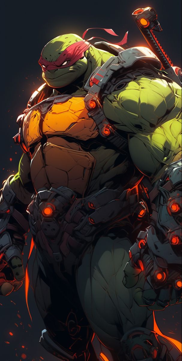 this is a digital illustration of a teenage mutant ninja turtle, raphael, in futuristic armor, with a red bandana, ready for battle.  the image is dark, with strong contrasts and details. the turtle looks fierce and determined, ready to face whatever comes his way.