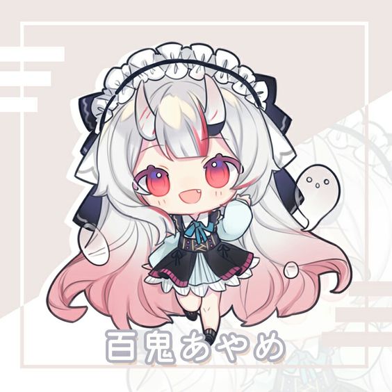 the image features a chibistyle illustration of an anime girl. she has long, pinktinged white hair with black horns, and she's wearing a black and white maid outfit with a blue ribbon. she has bright red eyes and a cheerful expression. the background is a soft pink and white with japanesestyle text that says "original character". a small, white ghost floats behind her head.