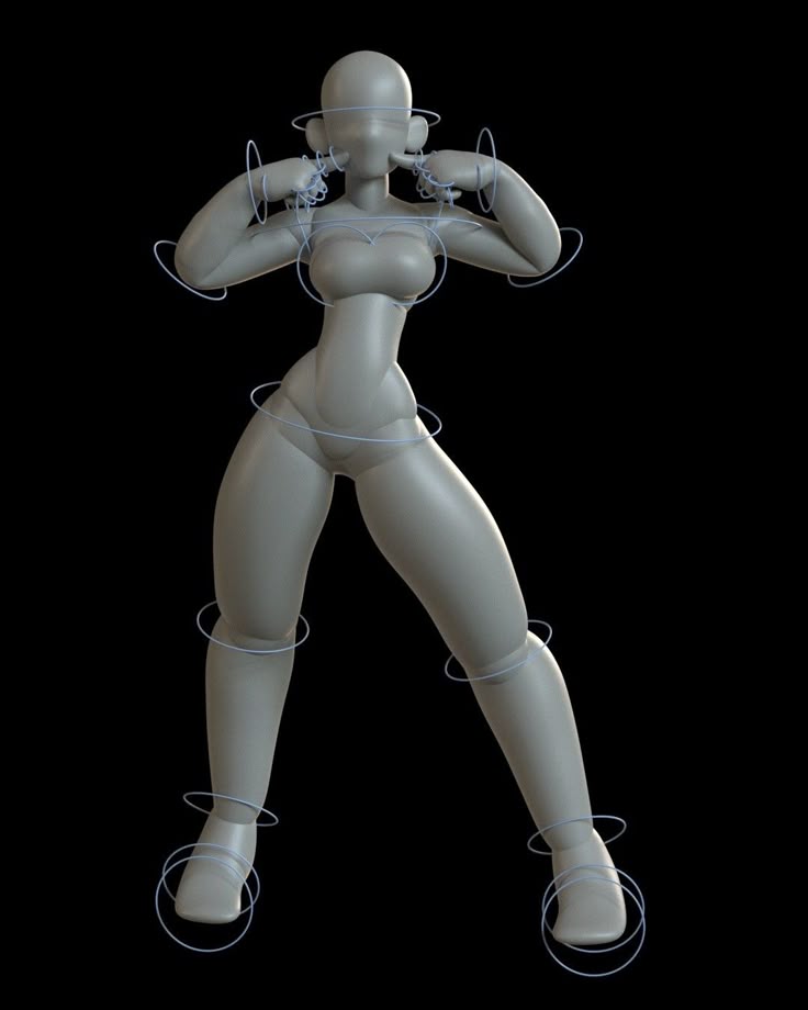 a 3d model of a stylized female character in a cartoonish style is shown in a pose. the model is a light grey color and has blue wireframe circles around various points on the body, indicating rigging or joints for animation. the character is standing with legs apart and hands touching the cheeks. the background is black.