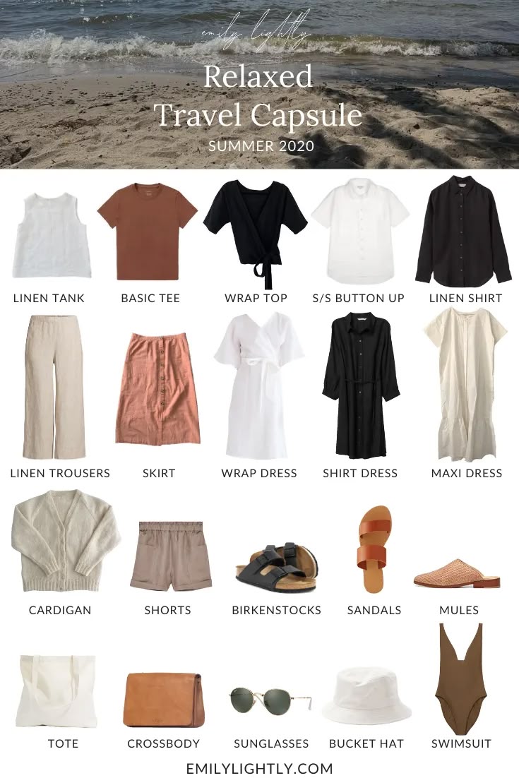 a collection of clothing items and accessories, arranged as a travel capsule wardrobe for a relaxed summer vacation, displayed against a beach scene backdrop. the image includes various tops, bottoms, dresses, outerwear, shoes, bags, and accessories, all labeled with their respective names.