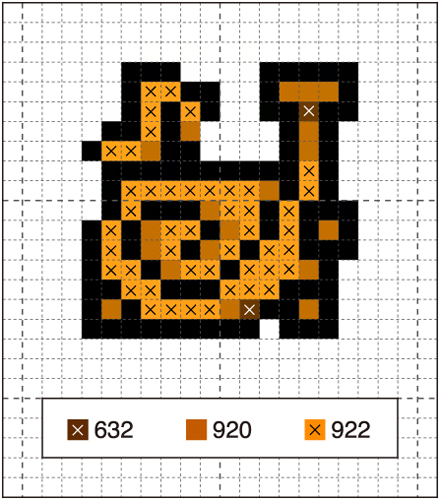 this is a pixel art design with black and orange squares, on a white grid background. the image has a color legend at the bottom indicating that the black squares are labeled "632", the light orange squares are "920", and the darker orange squares are "922".