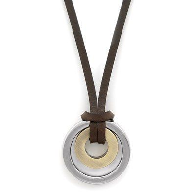 a brown leather cord necklace with a silver and gold pendant, the pendant is made up of three concentric circles, the outer two are silver and the inner one is gold.